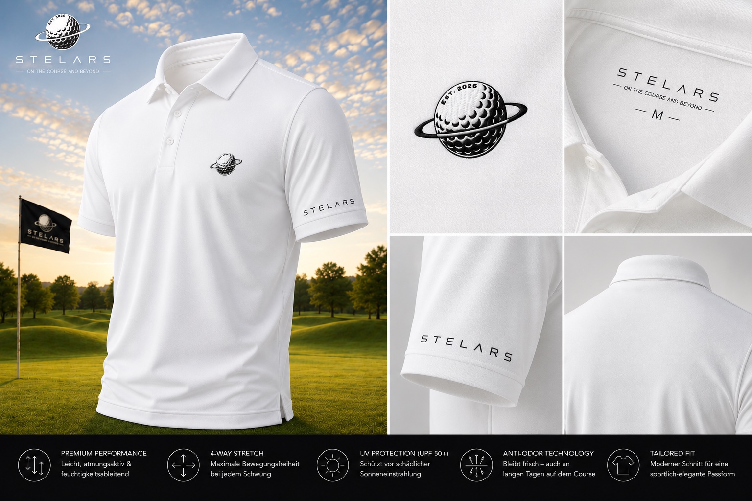 white STELARS men's performance golf polo with embroidered planet logo