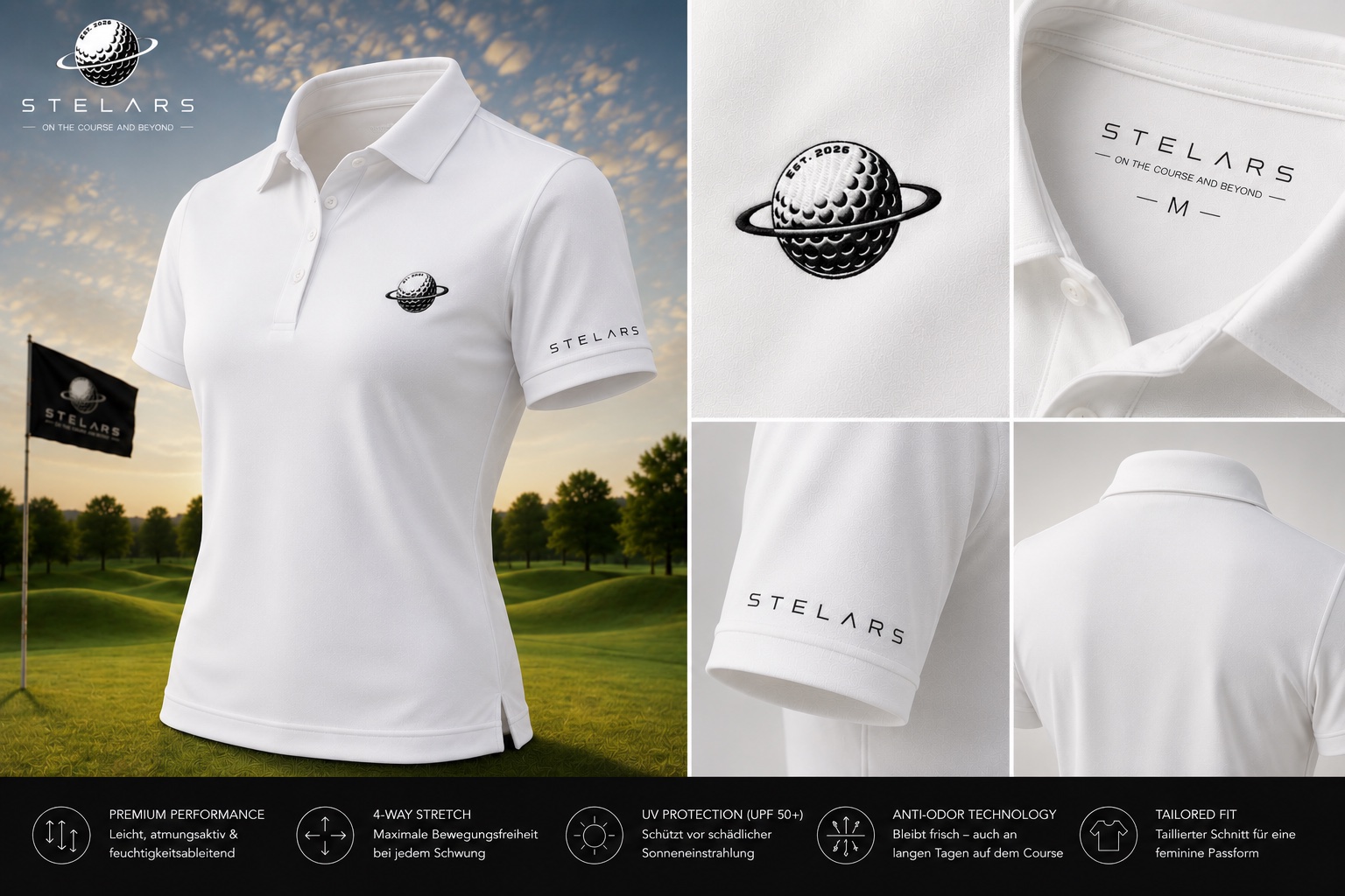 white STELARS women's performance golf polo with embroidered planet logo