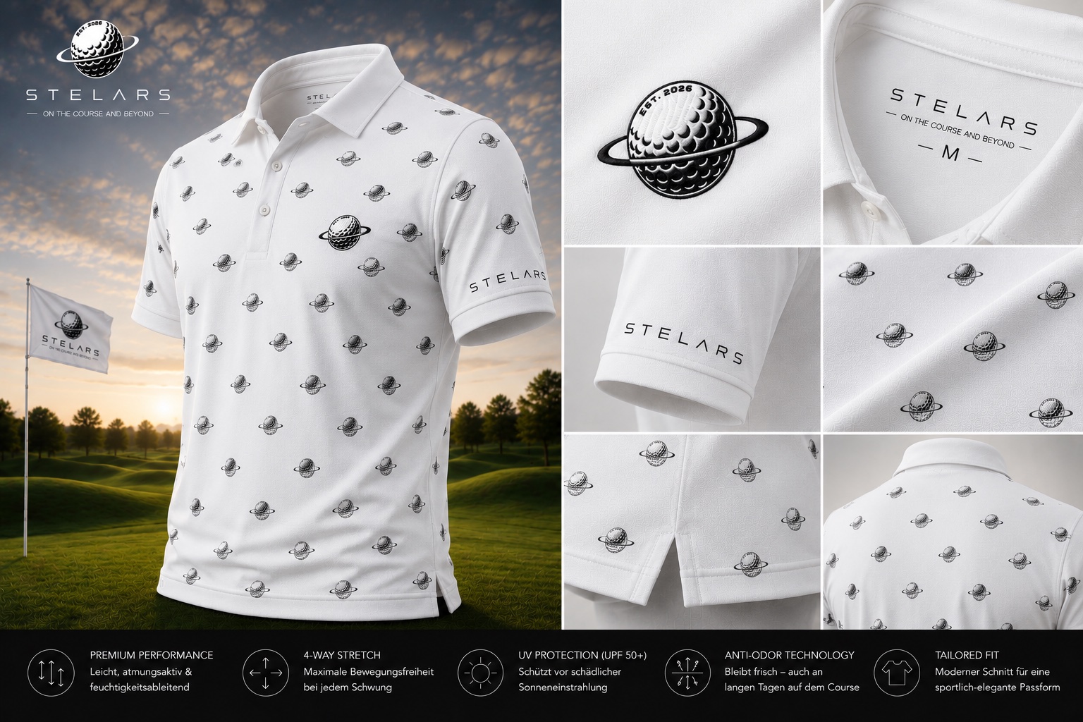 white STELARS Nebula golf polo with all-over orbit print