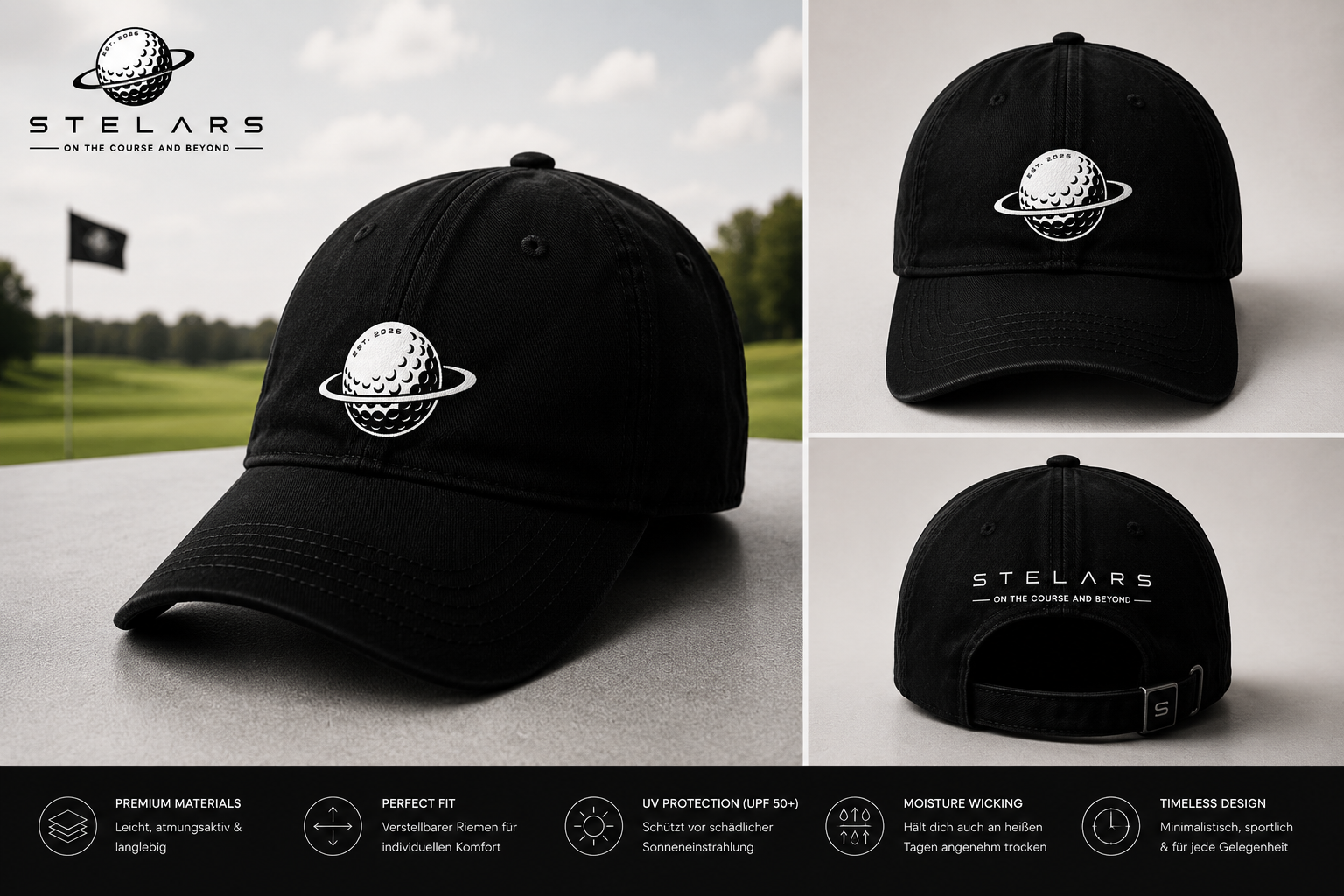 Black STELARS golf cap with embroidered planet logo